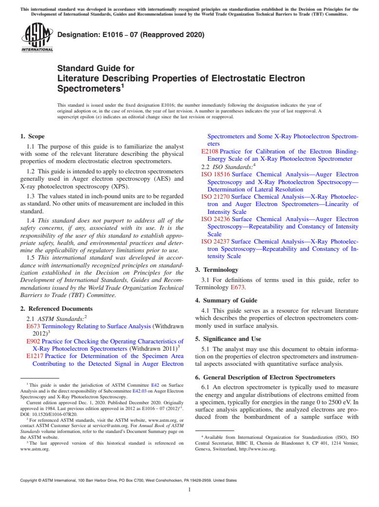 ASTM E1016-07(2020) - Standard Guide for Literature Describing Properties of Electrostatic Electron  Spectrometers