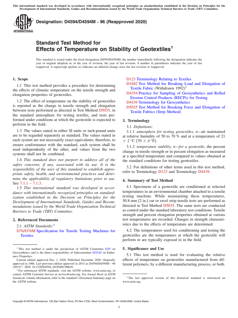 ASTM D4594/D4594M-96(2020) - Standard Test Method for Effects of Temperature on Stability of Geotextiles