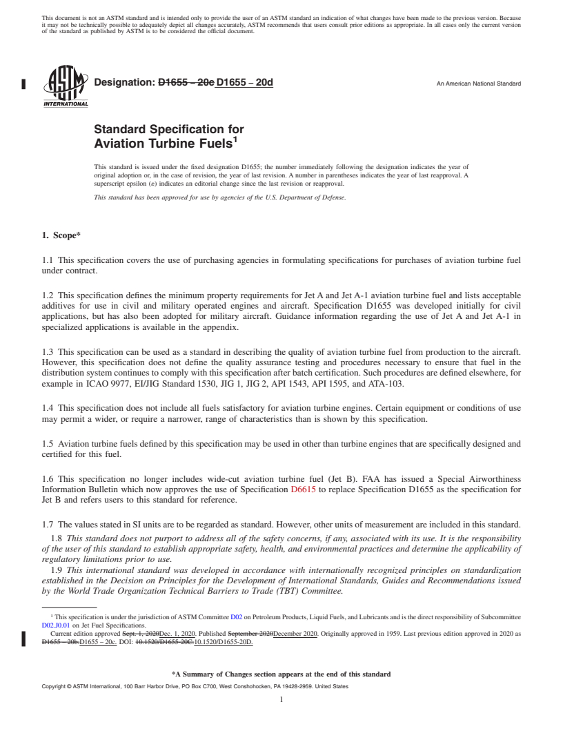 REDLINE ASTM D1655-20d - Standard Specification for Aviation Turbine Fuels