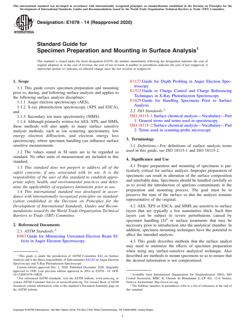 ASTM E1078-14(2020) - Standard Guide for Specimen Preparation and Mounting in Surface Analysis