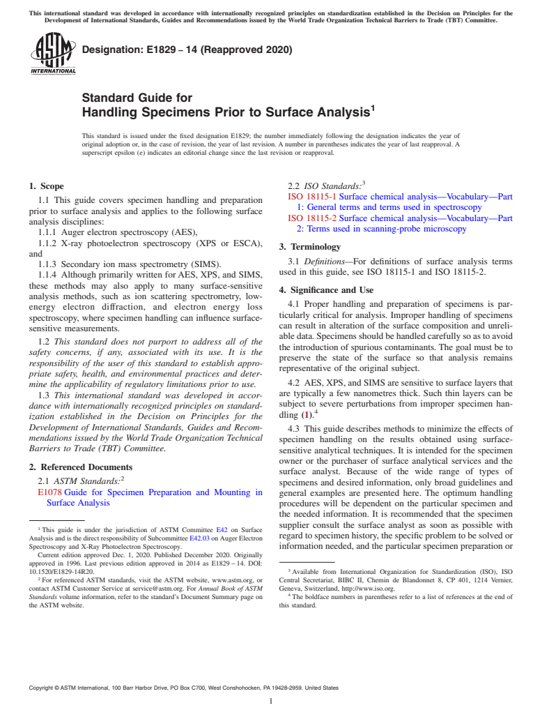 ASTM E1829-14(2020) - Standard Guide for Handling Specimens Prior to Surface Analysis