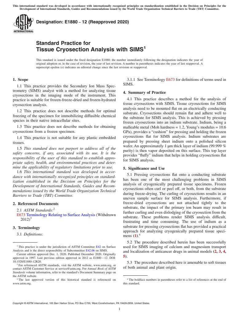 ASTM E1880-12(2020) - Standard Practice for Tissue Cryosection Analysis with SIMS