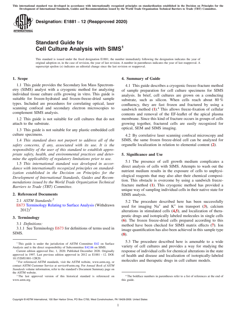 ASTM E1881-12(2020) - Standard Guide for Cell Culture Analysis with SIMS