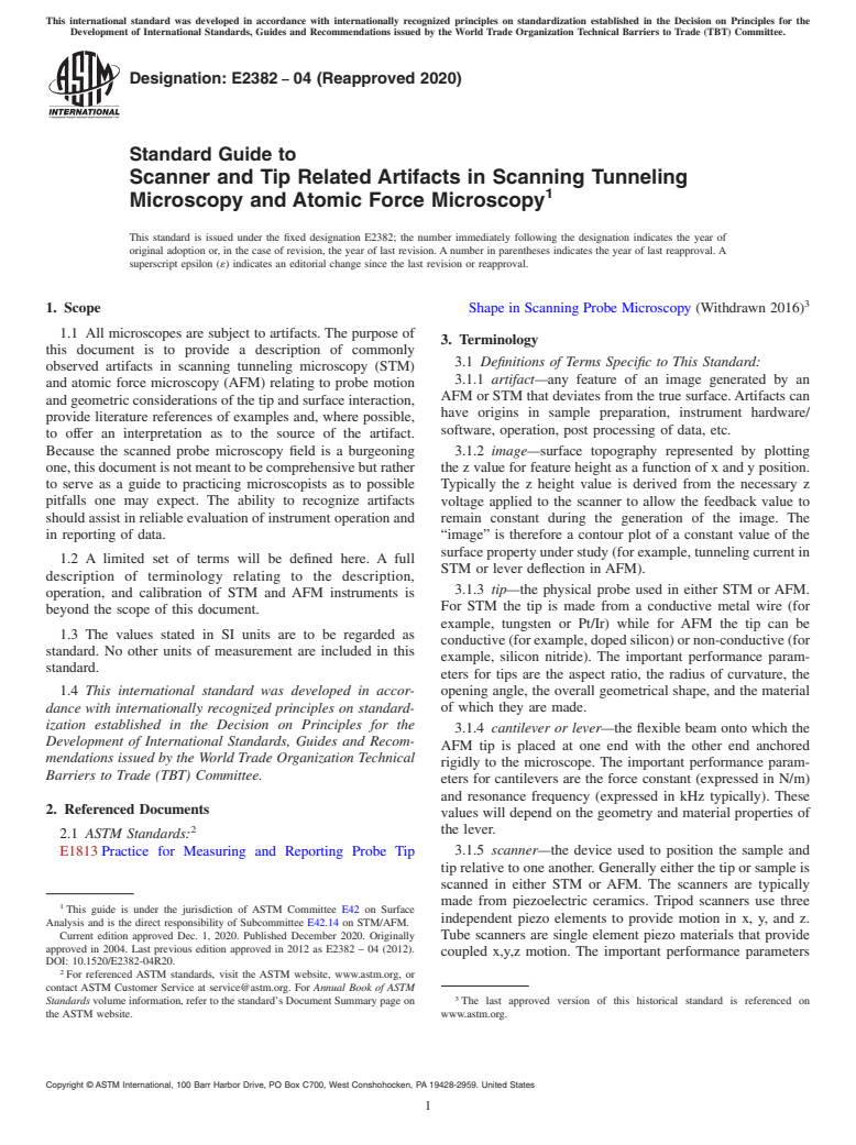 ASTM E2382-04(2020) - Standard Guide to Scanner and Tip Related Artifacts in Scanning Tunneling Microscopy  and Atomic Force Microscopy