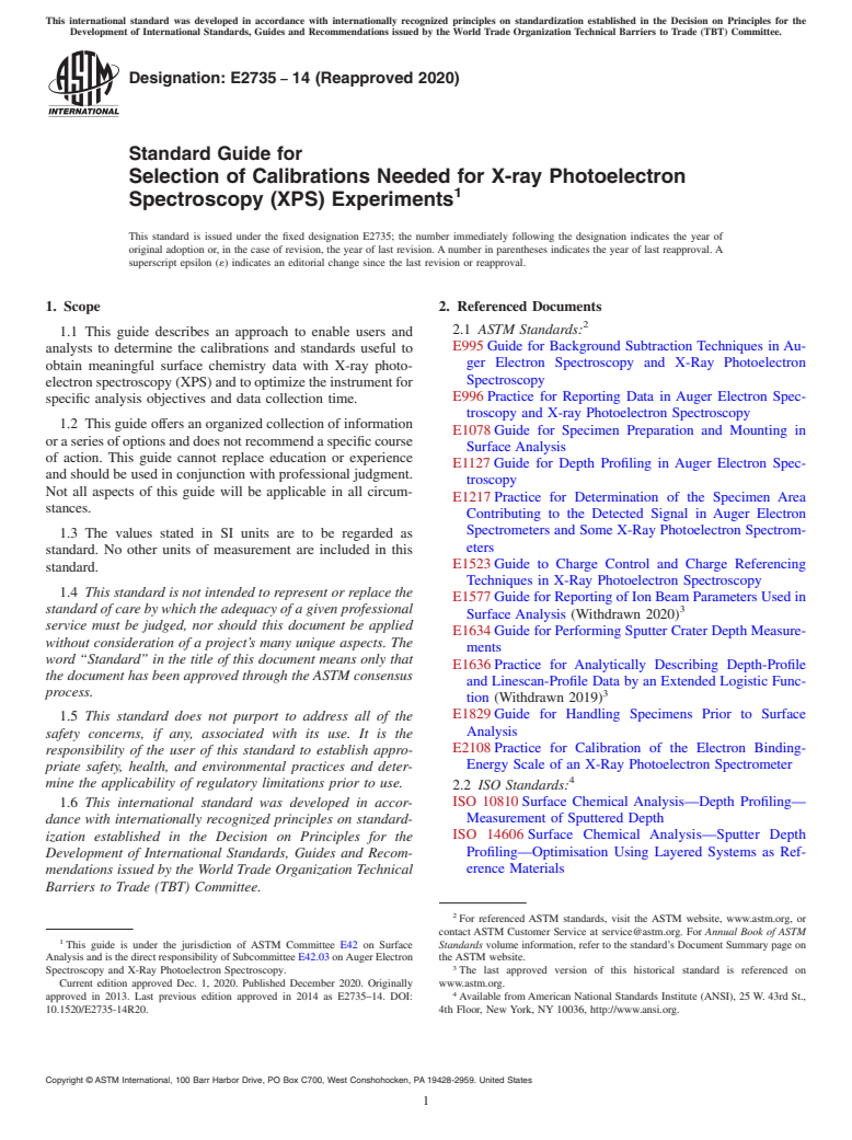 ASTM E2735-14(2020) - Standard Guide for Selection of Calibrations Needed for X-ray Photoelectron Spectroscopy  (XPS) Experiments