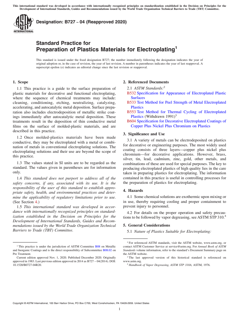 ASTM B727-04(2020) - Standard Practice for Preparation of Plastics Materials for Electroplating