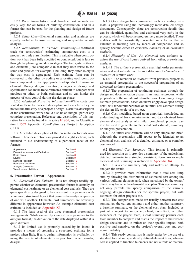 ASTM E2514-15(2020) - Standard Practice for Presentation Format of Elemental Cost Estimates, Summaries,  and Analyses