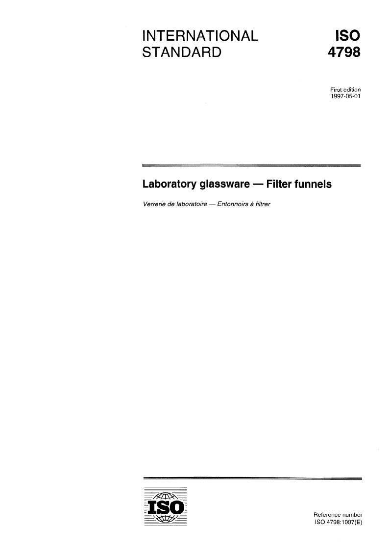 ISO 4798:1997 - Laboratory glassware — Filter funnels
Released:5/1/1997