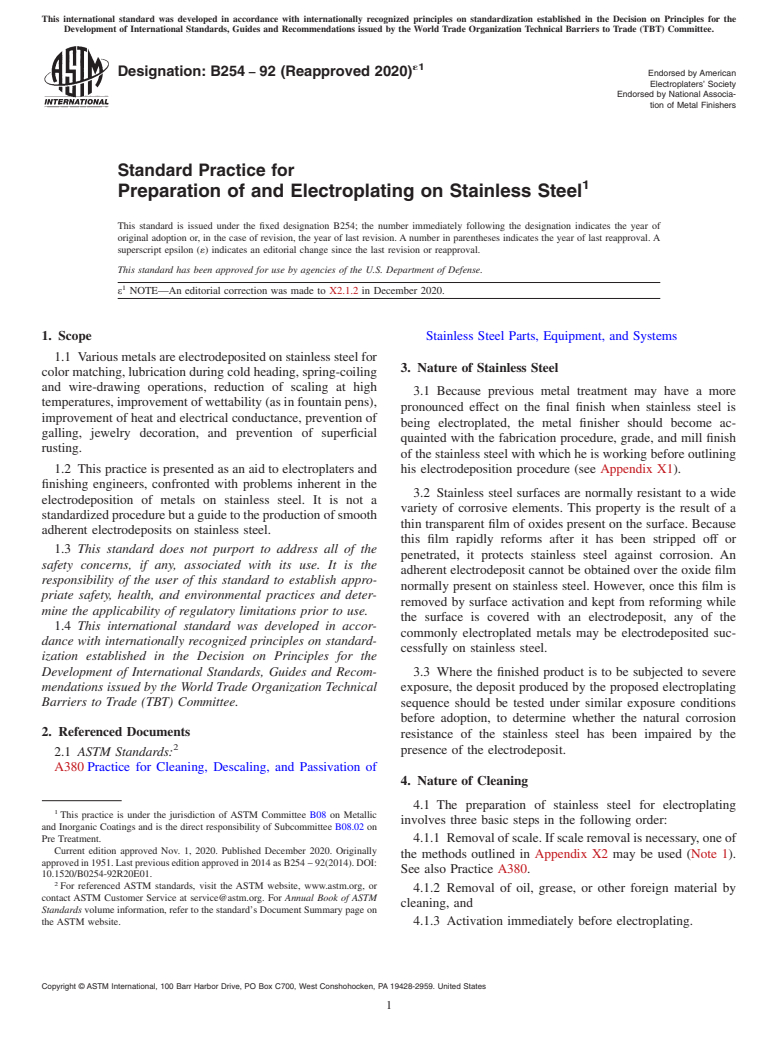 ASTM B254-92(2020)e1 - Standard Practice for  Preparation of and Electroplating on Stainless Steel