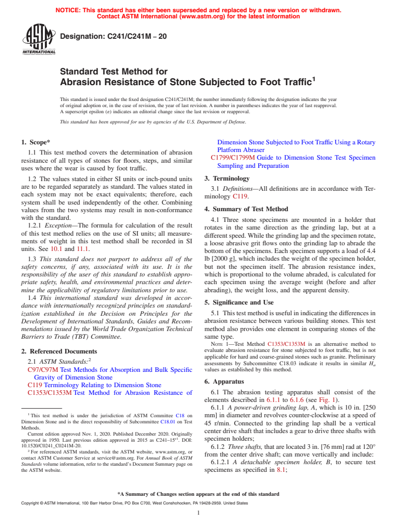 ASTM C241/C241M-20 - Standard Test Method for  Abrasion Resistance of Stone Subjected to Foot Traffic