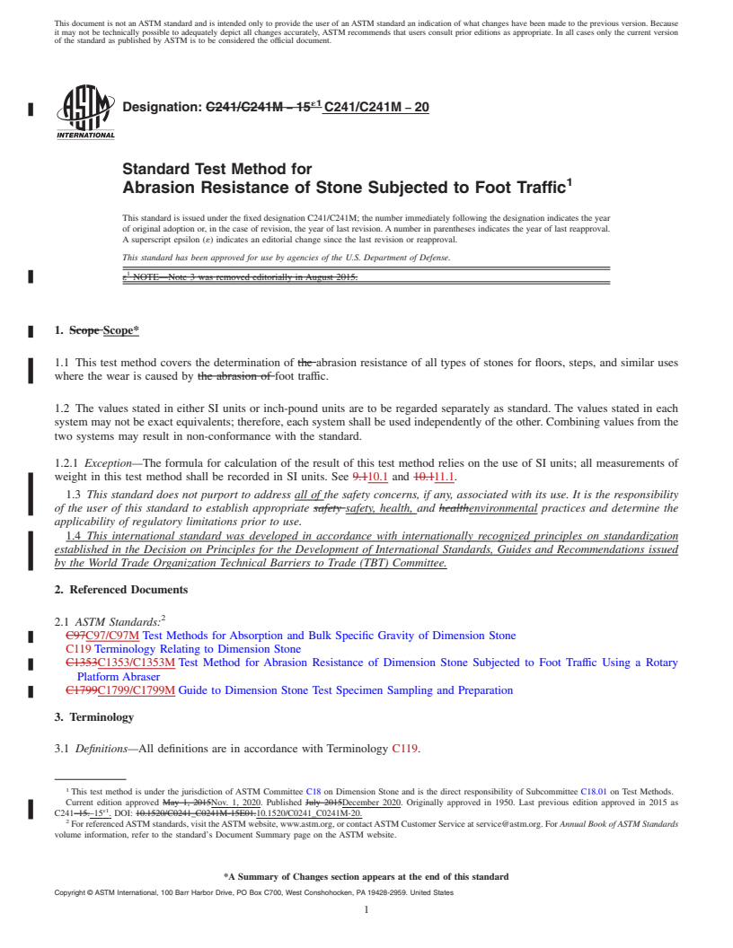 REDLINE ASTM C241/C241M-20 - Standard Test Method for  Abrasion Resistance of Stone Subjected to Foot Traffic