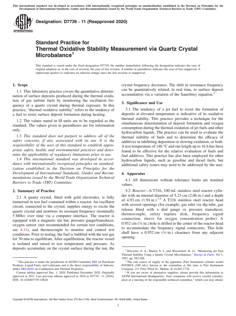 ASTM D7739-11(2020) - Standard Practice for  Thermal Oxidative Stability Measurement via Quartz Crystal  Microbalance