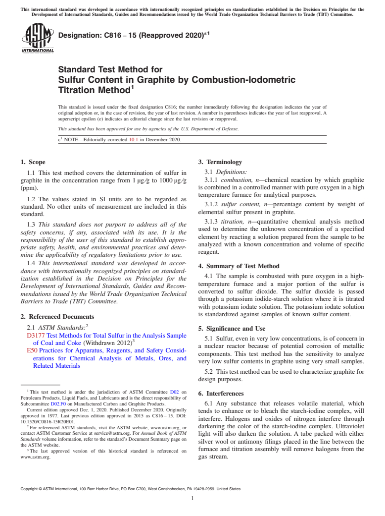 ASTM C816-15(2020)e1 - Standard Test Method for  Sulfur Content in Graphite by Combustion-Iodometric Titration  Method