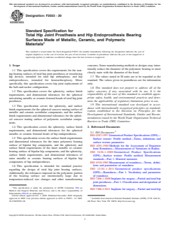 ASTM F2033-20 ASTM F2033-20 - Standard Specification for Total Hip Joint Prosthesis and Hip Endoprosthesis Bearing Surfaces Made of Metallic, Ceramic, and Polymeric Materials - Page 1 preview