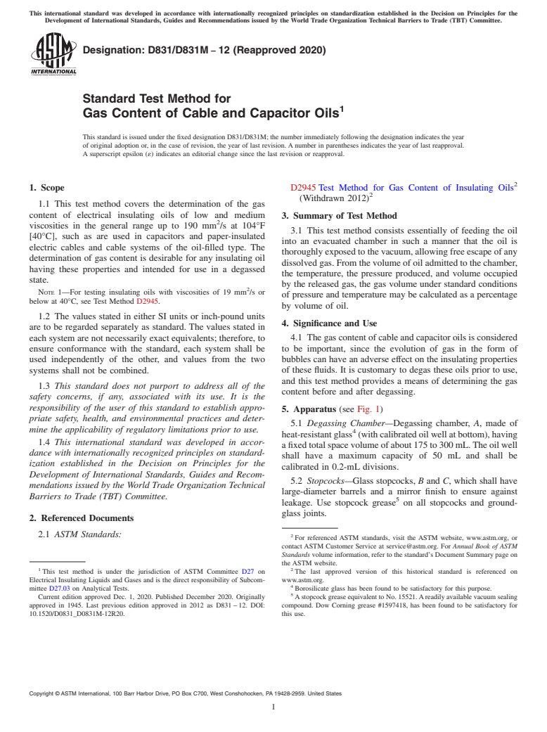 ASTM D831/D831M-12(2020) - Standard Test Method for  Gas Content of Cable and Capacitor Oils