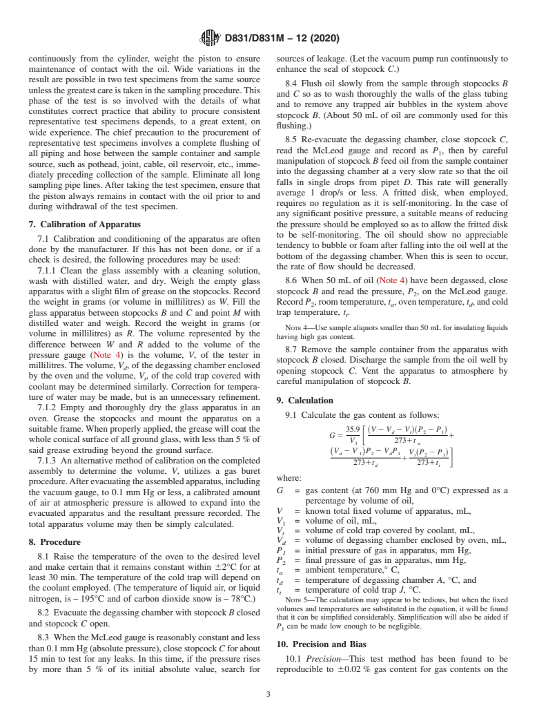 ASTM D831/D831M-12(2020) - Standard Test Method for  Gas Content of Cable and Capacitor Oils