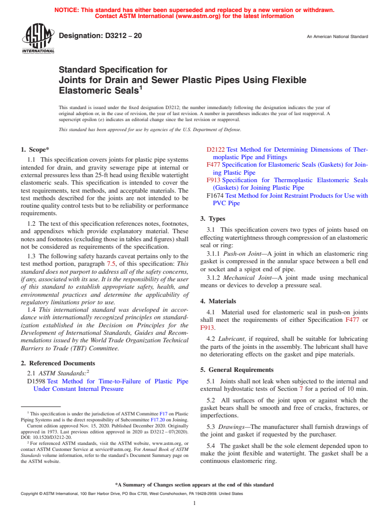 ASTM D3212-20 - Standard Specification for Joints for Drain and Sewer Plastic Pipes Using Flexible Elastomeric  Seals