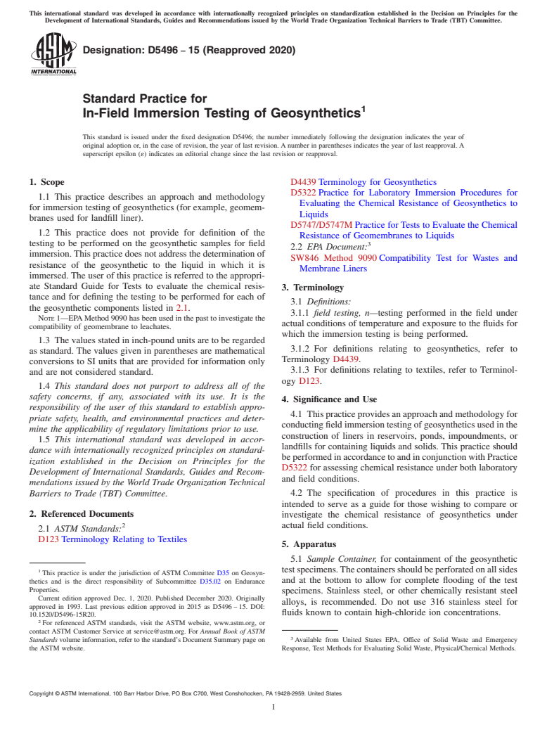 ASTM D5496-15(2020) - Standard Practice for In-Field Immersion Testing of Geosynthetics