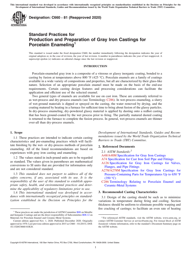 ASTM C660-81(2020) - Standard Practices for  Production and Preparation of Gray Iron Castings for Porcelain   Enameling