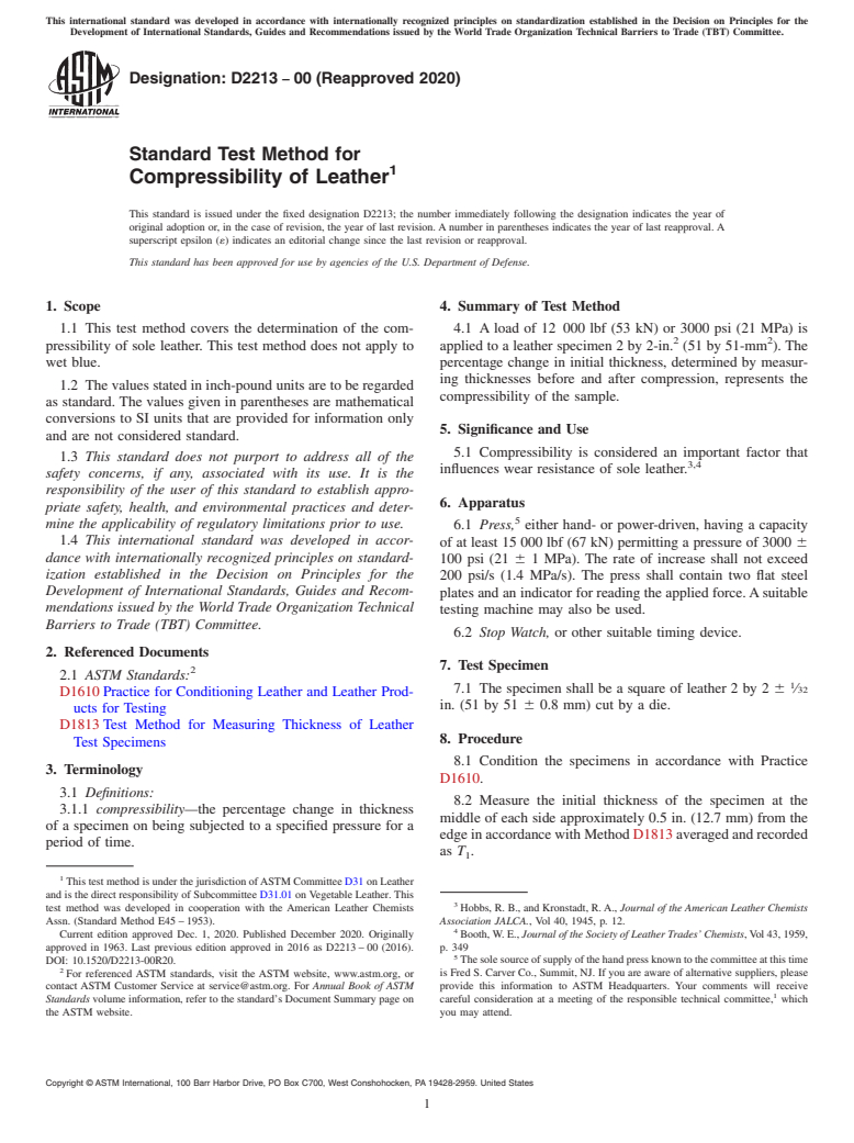 ASTM D2213-00(2020) - Standard Test Method for  Compressibility of Leather