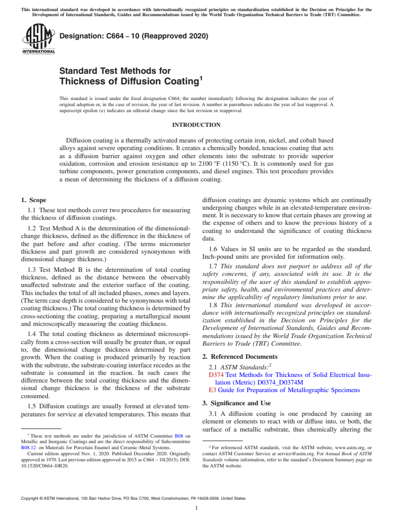 ASTM C664-10(2020) - Standard Test Methods for  Thickness of Diffusion Coating