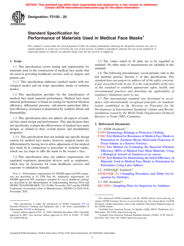 ASTM F2100-20 - Standard Specification for Performance of Materials Used in Medical Face Masks