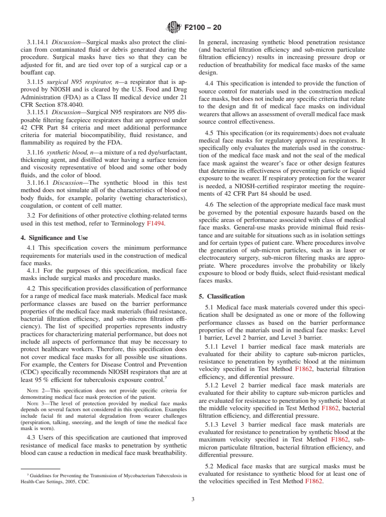 ASTM F2100-20 - Standard Specification for Performance of Materials Used in Medical Face Masks