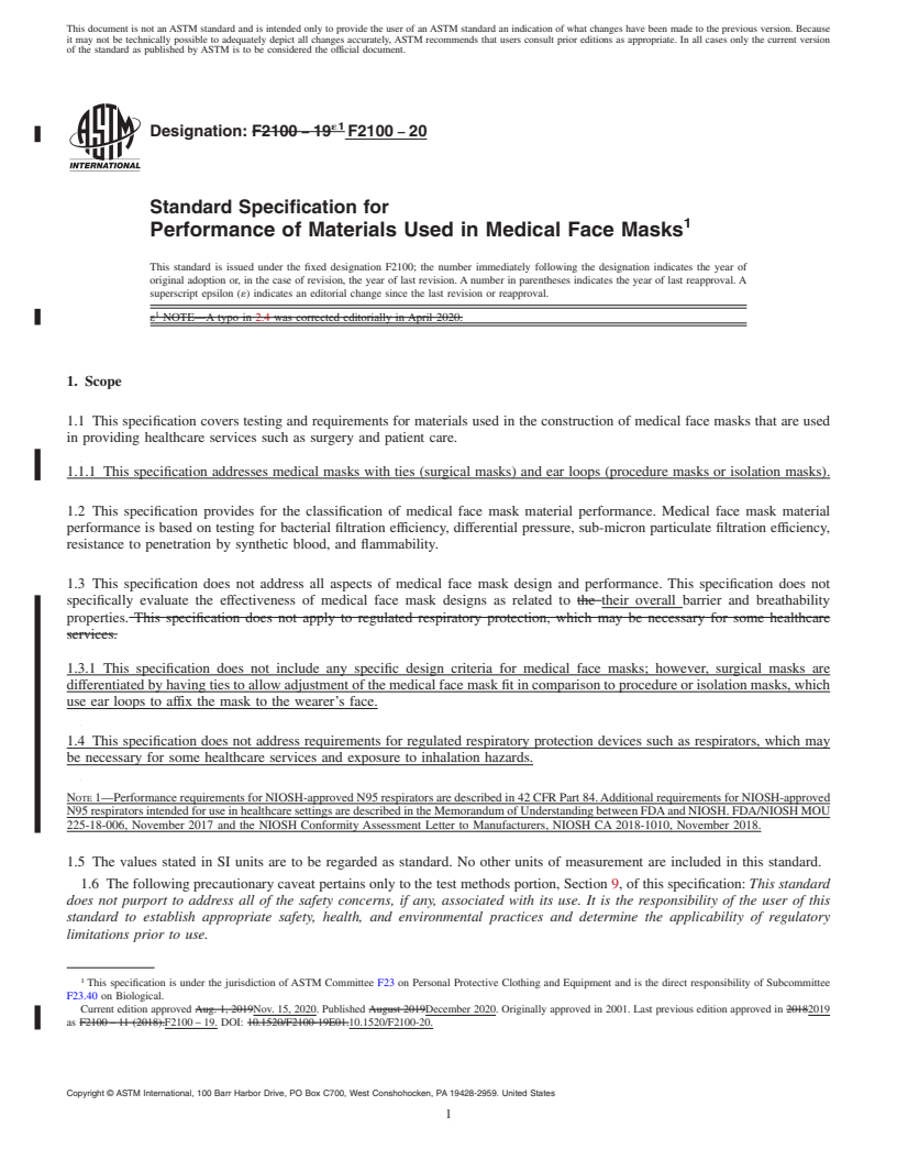 REDLINE ASTM F2100-20 - Standard Specification for Performance of Materials Used in Medical Face Masks