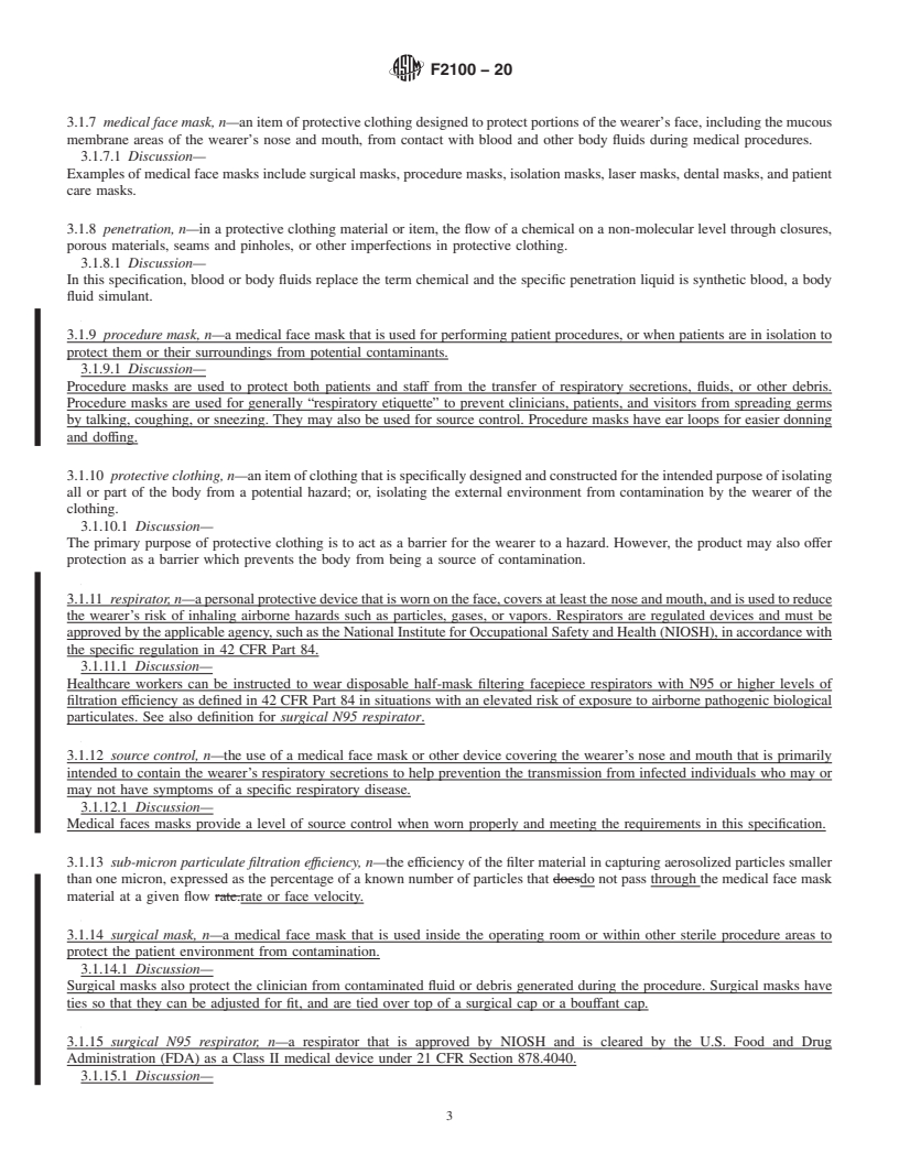 REDLINE ASTM F2100-20 - Standard Specification for Performance of Materials Used in Medical Face Masks