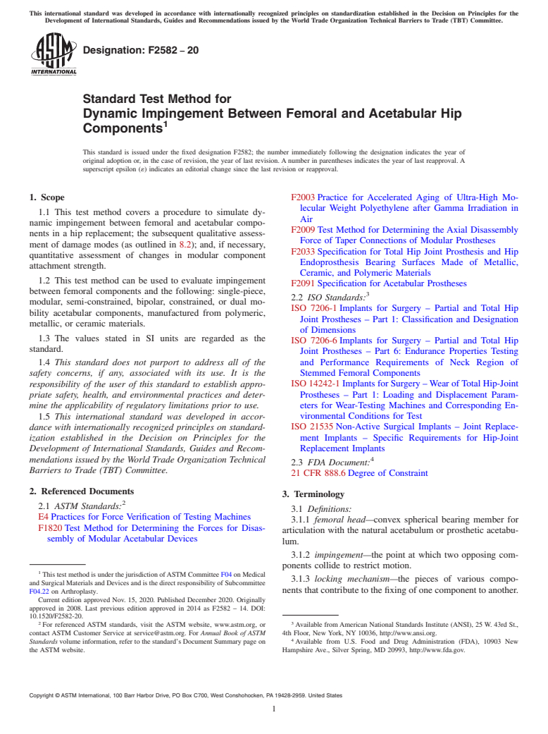 ASTM F2582-20 - Standard Test Method for Dynamic Impingement Between Femoral and Acetabular Hip Components