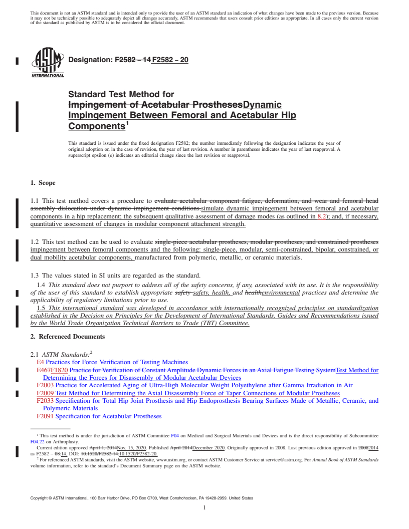 REDLINE ASTM F2582-20 - Standard Test Method for Dynamic Impingement Between Femoral and Acetabular Hip Components