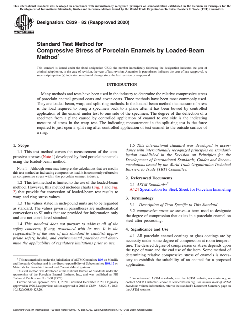 ASTM C839-82(2020) - Standard Test Method for  Compressive Stress of Porcelain Enamels by Loaded-Beam Method