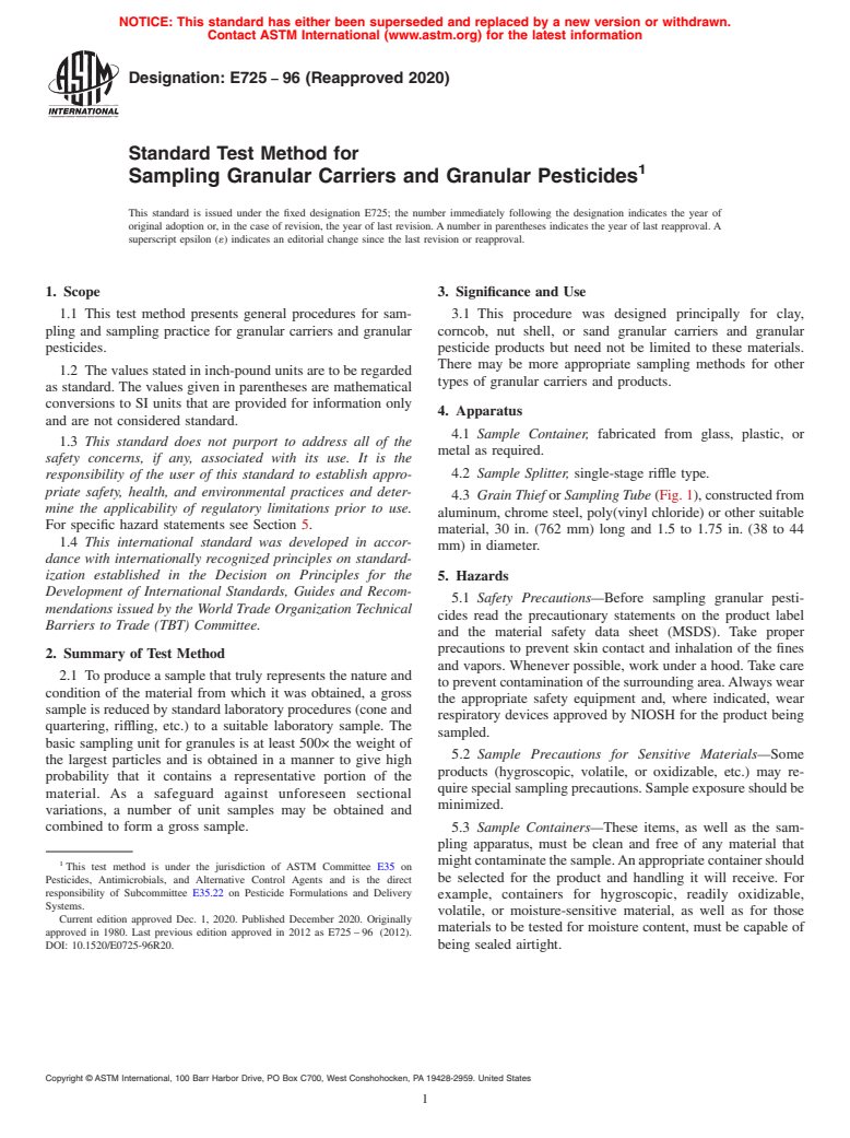 ASTM E725-96(2020) - Standard Test Method for  Sampling Granular Carriers and Granular Pesticides