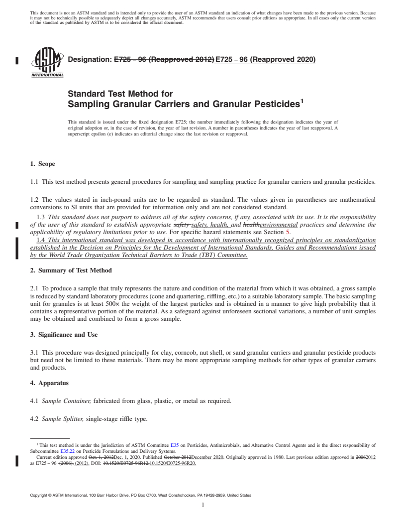 REDLINE ASTM E725-96(2020) - Standard Test Method for  Sampling Granular Carriers and Granular Pesticides