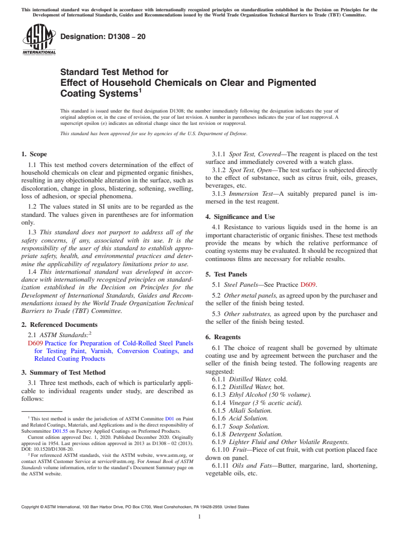 ASTM D1308-20 - Standard Test Method for Effect of Household Chemicals on Clear and Pigmented Coating  Systems