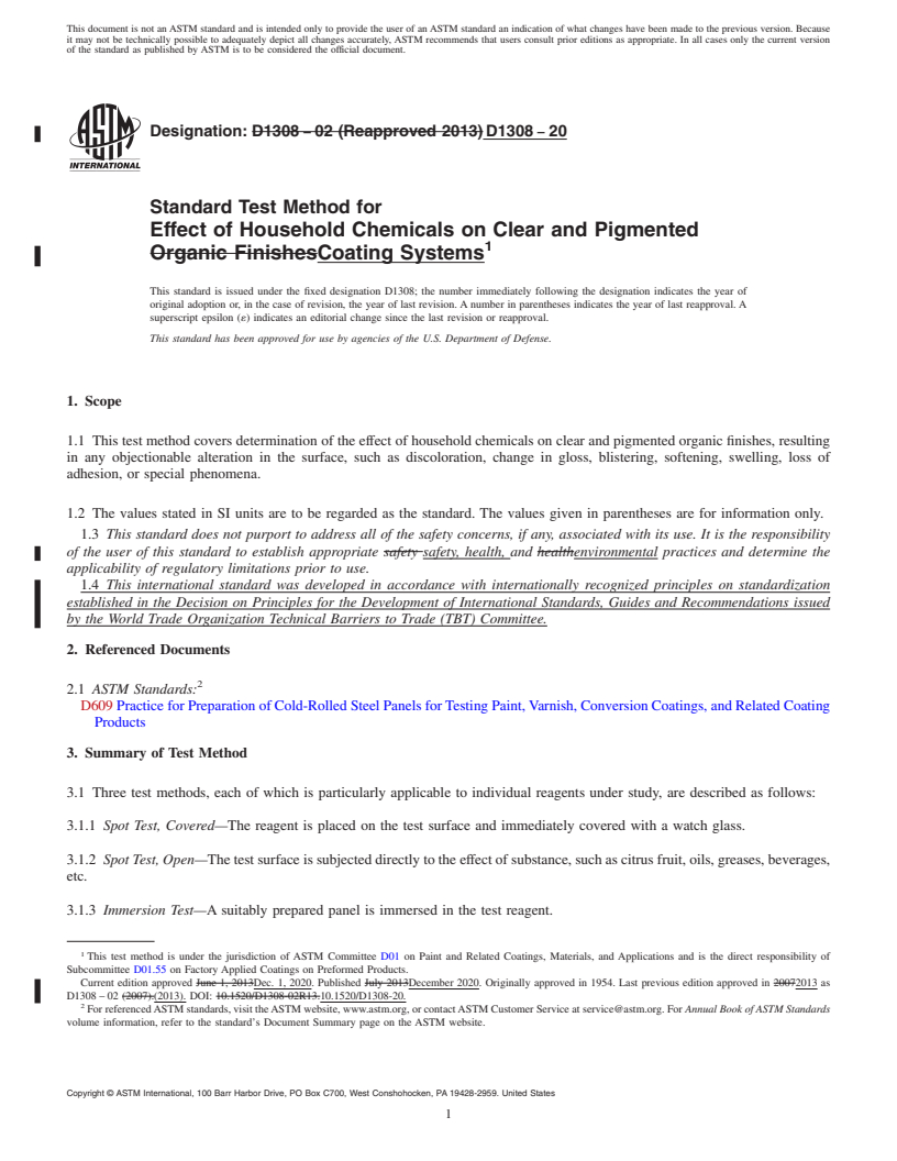 REDLINE ASTM D1308-20 - Standard Test Method for Effect of Household Chemicals on Clear and Pigmented Coating  Systems