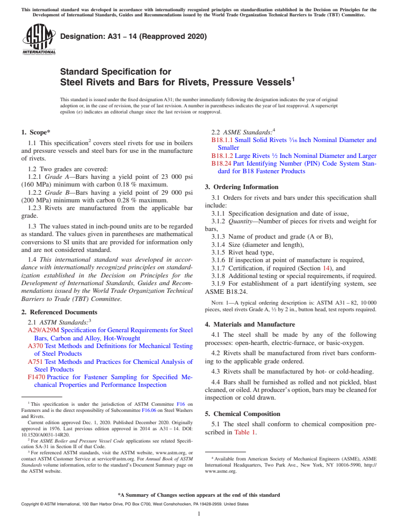 ASTM A31-14(2020) - Standard Specification for  Steel Rivets and Bars for Rivets, Pressure Vessels