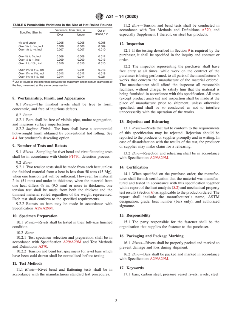 ASTM A31-14(2020) - Standard Specification for  Steel Rivets and Bars for Rivets, Pressure Vessels