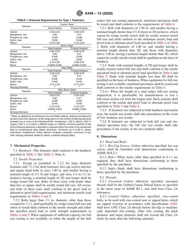 ASTM A449-14(2020) - Standard Specification for  Hex Cap Screws, Bolts and Studs, Steel, Heat Treated, 120/105/90   ksi Minimum Tensile Strength, General Use