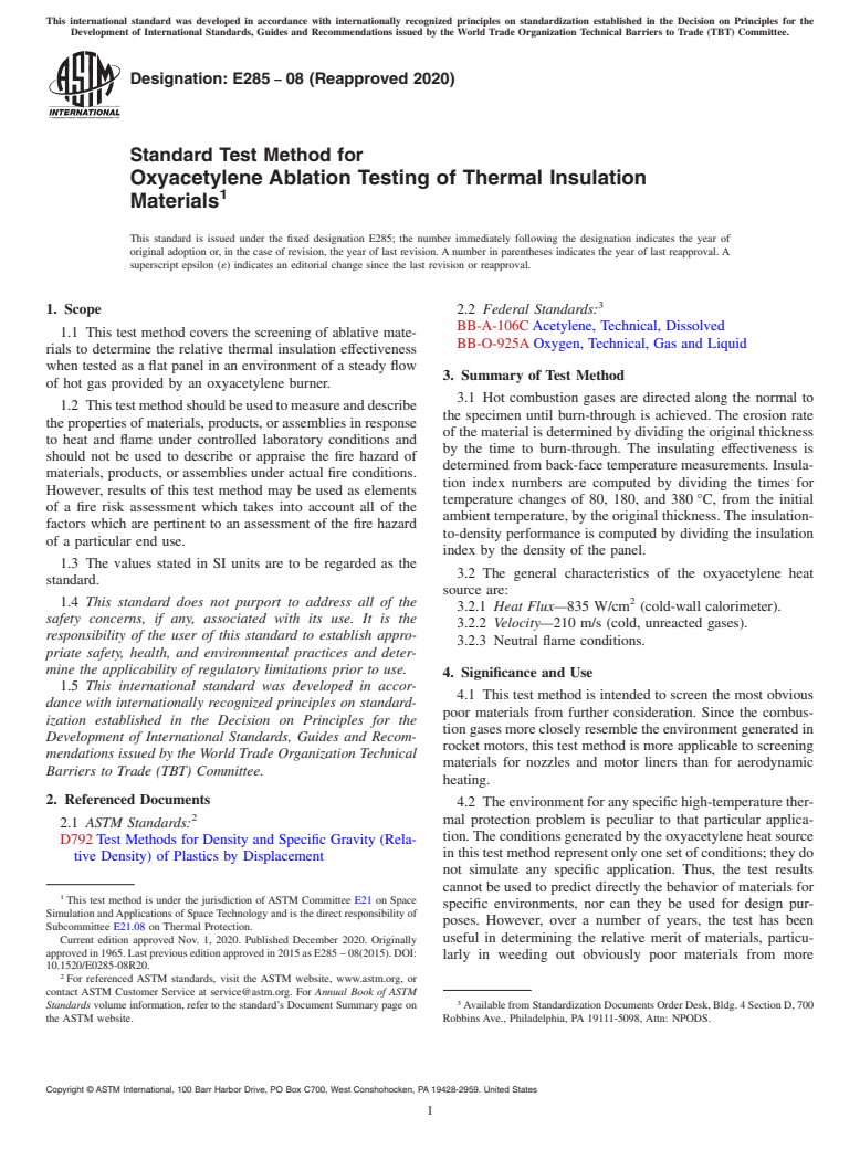 ASTM E285-08(2020) - Standard Test Method for Oxyacetylene Ablation Testing of Thermal Insulation Materials