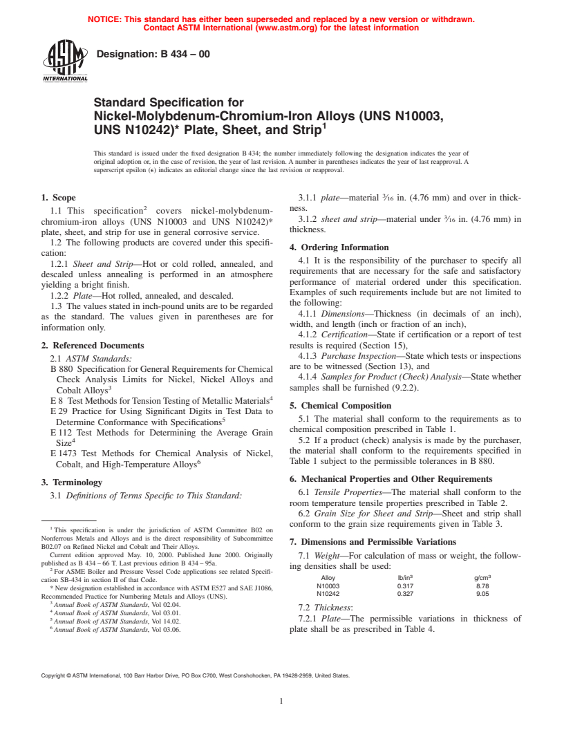 ASTM B434-00 - Standard Specification for Nickel-Molybdenum-Chromium-Iron Alloys (UNS N10003, UNS N10242)* Plate, Sheet, and Strip