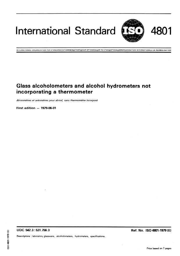 ISO 4801:1979 - Glass alcoholometers and alcohol hydrometers not incorporating a thermometer