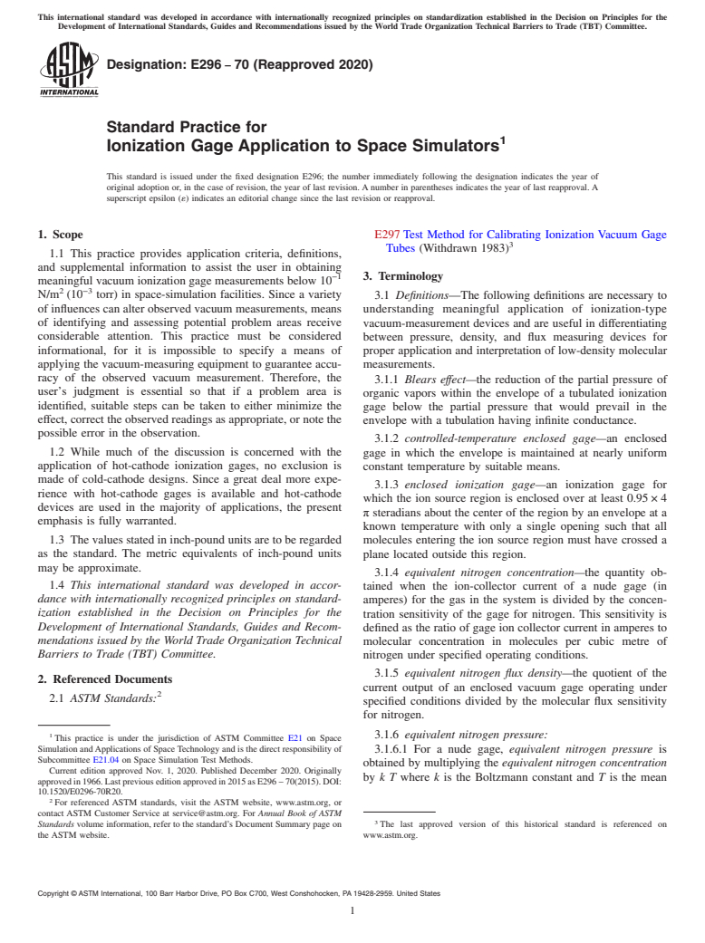 ASTM E296-70(2020) - Standard Practice for Ionization Gage Application to Space Simulators