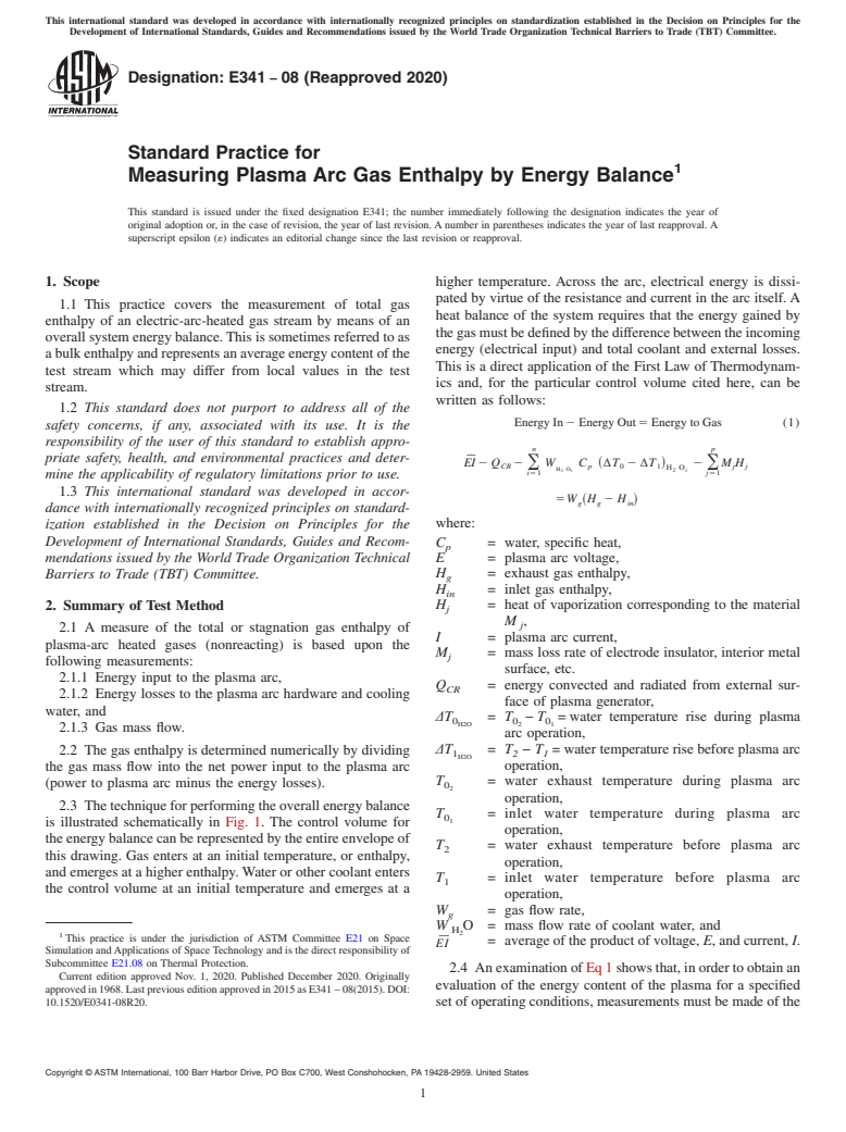 ASTM E341-08(2020) - Standard Practice for Measuring Plasma Arc Gas Enthalpy by Energy Balance