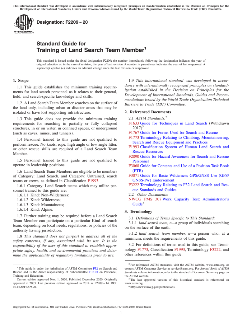 ASTM F2209-20 - Standard Guide for Training of Land Search Team Member