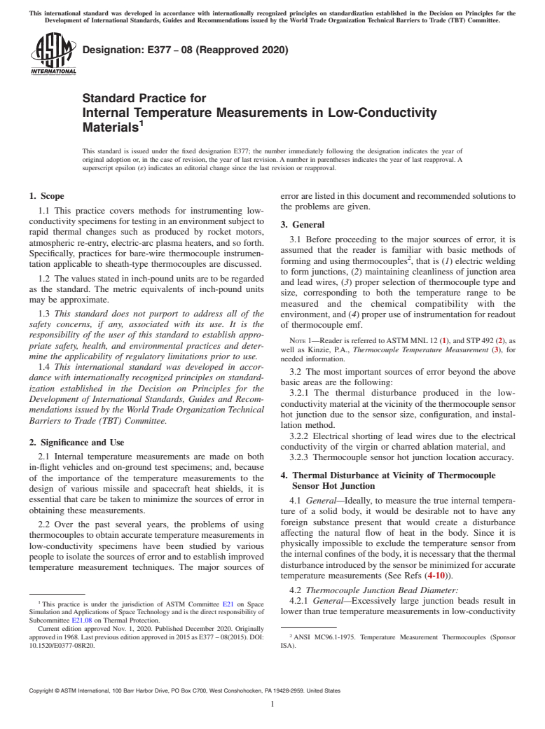 ASTM E377-08(2020) - Standard Practice for Internal Temperature Measurements in Low-Conductivity Materials