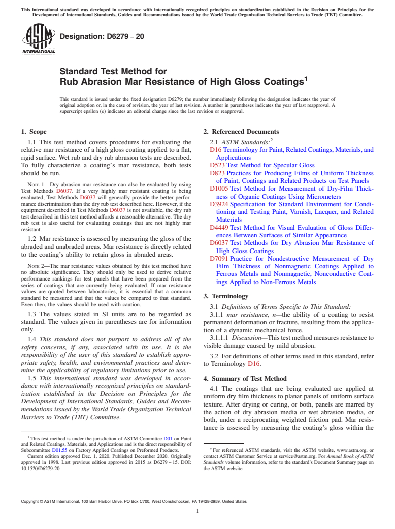 ASTM D6279-20 - Standard Test Method for Rub Abrasion Mar Resistance of High Gloss Coatings