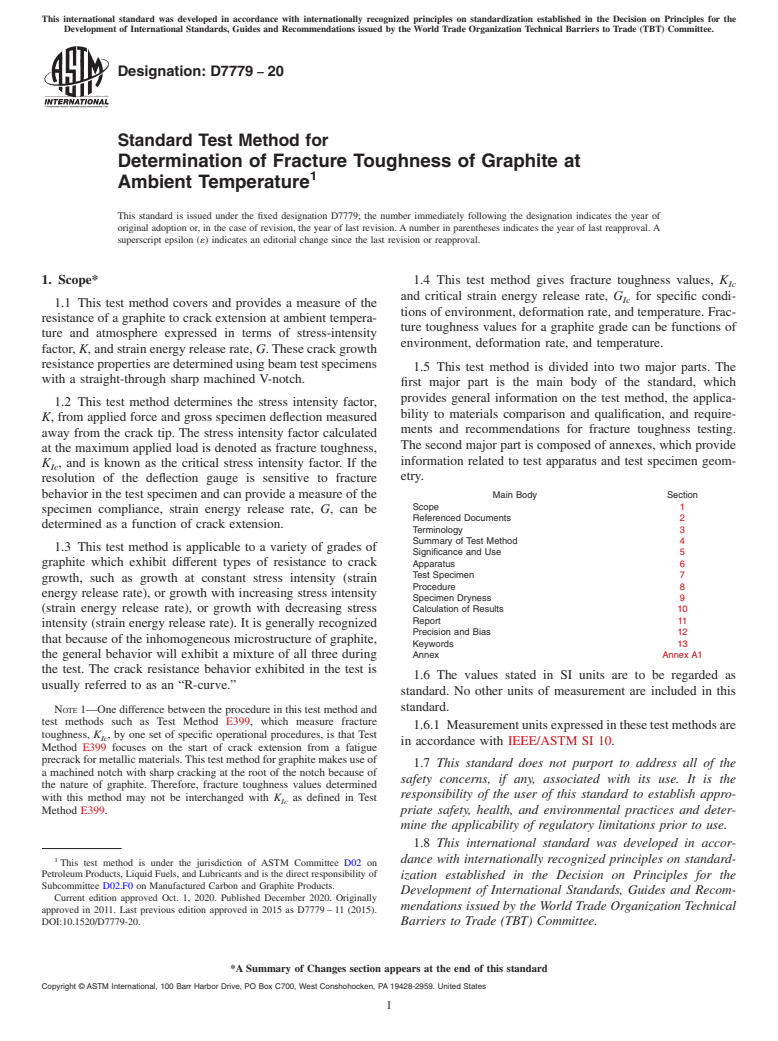 ASTM D7779-20 - Standard Test Method for  Determination of Fracture Toughness of Graphite at Ambient  Temperature