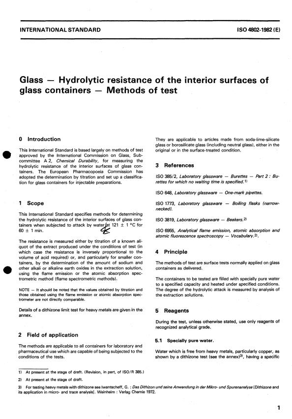 ISO 4802:1982 - Glass -- Hydrolytic resistance of the interior surfaces of glass containers -- Methods of test