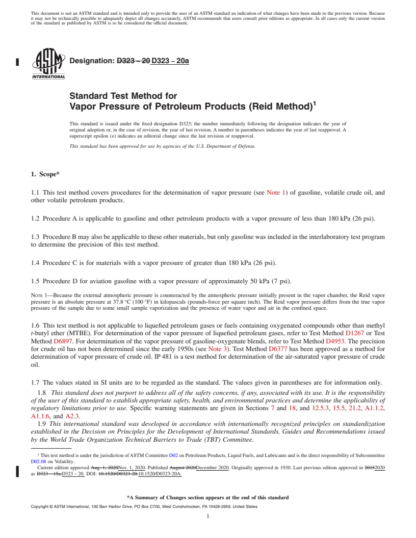 REDLINE ASTM D323-20a - Standard Test Method for  Vapor Pressure of Petroleum Products (Reid Method)